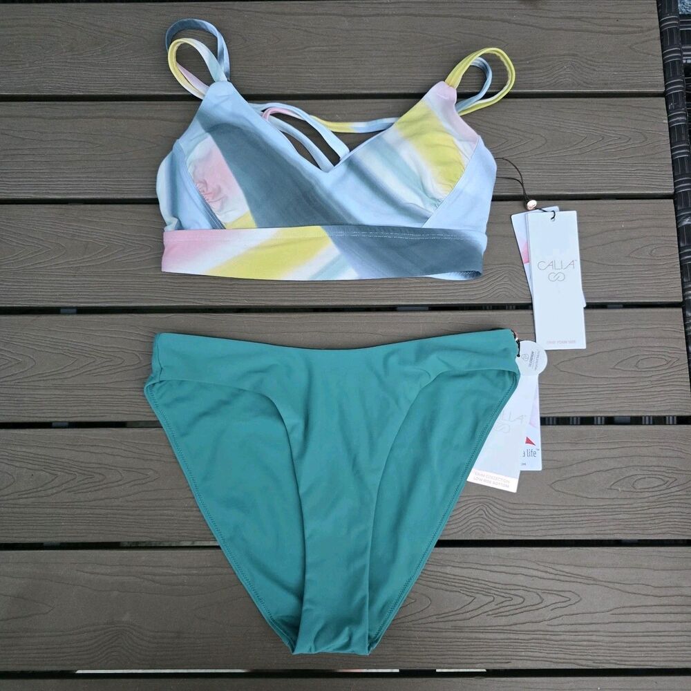 CALIA Women's Scrunch Strappy Back Top & Jungle Green Low Rise Bikini Sz XS New